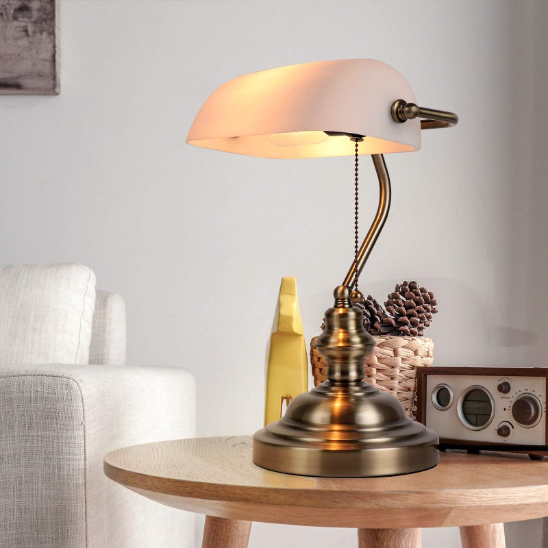 Newrays Glass Bankers Desk Lamp with Pull Chain Switch Plug in Fixture,Satin Brass Finish (White) - Image 3